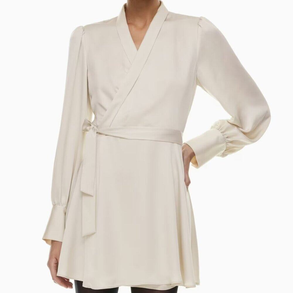 ARITZIA | Babaton Hyde Satin Mini Wrap Dress Matte Pearl Size Small